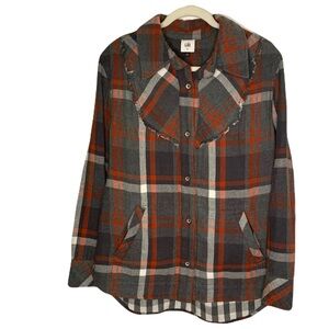 CAbi Women's Medium Red Gray Plaid Tavern Button Shirt Flannel Casual Style 4164
